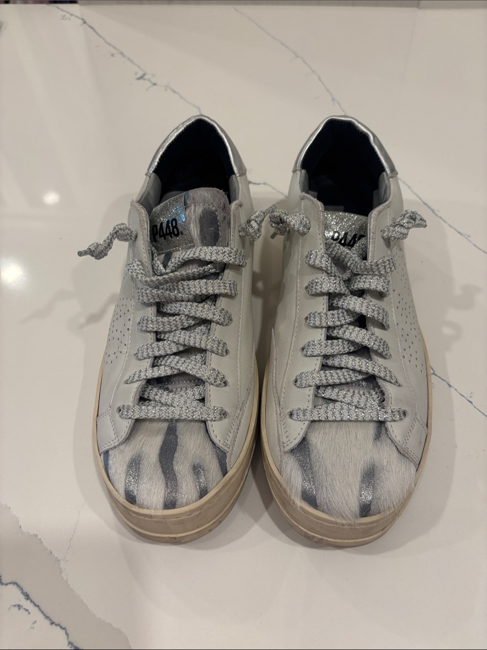 P448 ladies john low top sneaker with python & metallic laces. Like new!